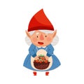 Cute Female Gnome Character in Dress and Red Pointed Hat Holding Wicker Basket with Flowers Vector Illustration