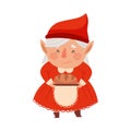 Cute Female Gnome Character in Red Dress and Pointed Hat Holding Baked Bread Vector Illustration
