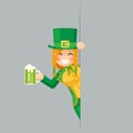 Cute female leprechaun gnome mug of green beer looking out corner saint patrick celebration clover flat design vector