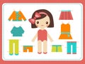 Cute female paper doll with the variety of bright colorful clothes. Girl vector illustration
