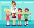 Cute female pediatrician doctor and happy healthy boys and girls in hospital. Childrens healthcare vector concept