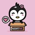 The cute female penguin cartoon character is in a box ready for adoption