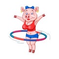 Cute female pig in a fitness sportswear makes exercise with hula hoop