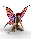 3D illustration of a cute female pixie crouching with wings open isolated on a white background