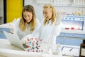 Female researchers in white lab coat using laptop while working in the laboratory