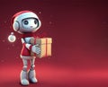 Cute female robot wearing Santa hat holding a gift box over dark