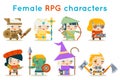 Cute female RPG characters fantasy game isolated icons set flat design vector illustration Royalty Free Stock Photo