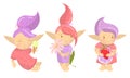 Cute Female Troll with Pointed Ears and Purple Hair Holding Strawberry and Eating Ice Cream Vector Set