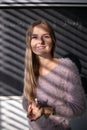 Cute female university/highschool student in front of a blackboard Royalty Free Stock Photo