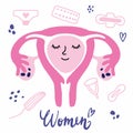 Cute female uterus with intimate hygiene products