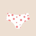 Cute female white dotted panties. Trendy thongs icon. Women underwear element. Feminine symbol, template modern for your