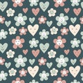 Cute feminine seamless pattern with decorative flowers and hearts