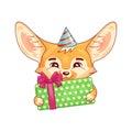 Cute fennec fox in a party hat with gift box
