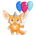 Cute fennec fox in a party hat holds air-balloons attached to string