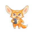 Cute fennec fox with smile speaking or making selfie on smartphone