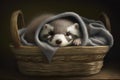 Cute ferret in a basket on a dark background. Animal theme.