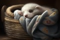 Cute ferret in a basket with a warm knitted scarf