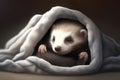 Cute ferret hiding behind a blanket. 3d illustration.