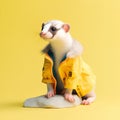 Cute ferret in raincoat on yellow background. Studio shot.