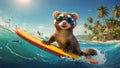 cute ferret rides on a surfboard