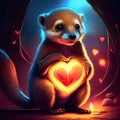 Mongoose hugging heart Cute ferret sitting in a cave and holding a heart. AI generated animal ai