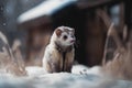 Cute ferret on snow in winter forest. Selective focus Royalty Free Stock Photo