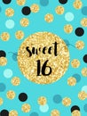 Cute festive bright sweet sixteen card with golden glitter confetti