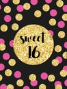 Cute festive bright sweet sixteen card with golden glitter confetti