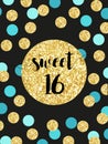 Cute festive bright sweet sixteen card with golden glitter confetti