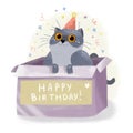 Cute festive cat in a box. Birthday Card