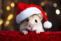 Cute festive Christmas mouse wearing a Santa hat