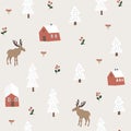 Cute festive Christmas seamless pattern with moose, red houses, snow fir trees and berries. Hand drawn kids nordic Royalty Free Stock Photo