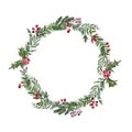 Watercolor winter greenery wreath illustration, isolated on white background. Hand painted pine tree branches, mistletoe leaves Royalty Free Stock Photo