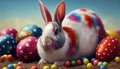 Cute festive Easter bunny in colorful decorated eggs. Generative AI illustration