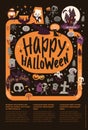 Cute festive Happy Halloween announcement banner template with cartoon ghosts, pumpkins, skeletons and place for text on Royalty Free Stock Photo