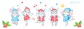 Cute and festive 2020 New Year and Christmas banner with five hand painted watercolor mice, rats, in red and blue costumes decorat