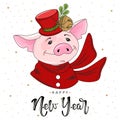 Cute festive pig with the inscription happy New Year. Vector illustration.