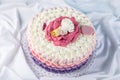 Cute festive pink cake decorated with a big flower where sleeps the little Princess. Desserts for a birthday