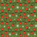 Cute festive seamless vector pattern background illustration with christmas star lights garland and snowflakes