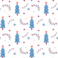 Cute festive seamless pattern with christmas tree, festoons, snowflakes and christmas stars