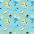 Cute festive seamless pattern Happy Hanukkah in traditional colors