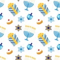 Cute festive seamless pattern Happy Hanukkah in traditional colors