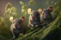 Cute field mice on grass background. AI Generative