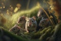 Cute field mice on grass background. AI Generative