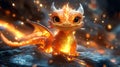 adorable fire dragon with big eyes and glowing scales, sitting on a dark rocky surface surrounded by sparks and a fiery tail Royalty Free Stock Photo