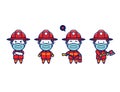 Cute firefighter worker officer character chibi mascot set with face mask protection from covid coronavirus flu