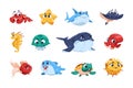 Cute fish. Cartoon funny ocean animals with big eyes and adorable child faces, underwater kids sea fish characters with Royalty Free Stock Photo