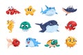 Cute fish. Cartoon funny ocean animals with big eyes and adorable child faces, underwater kids sea fish characters with jellyfish Royalty Free Stock Photo