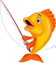 Cute fish cartoon holding fishing rod