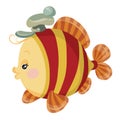 Cute fish character in yellow and red stripes with cap on head, cartoon illustration, isolated object on white background, vector Royalty Free Stock Photo